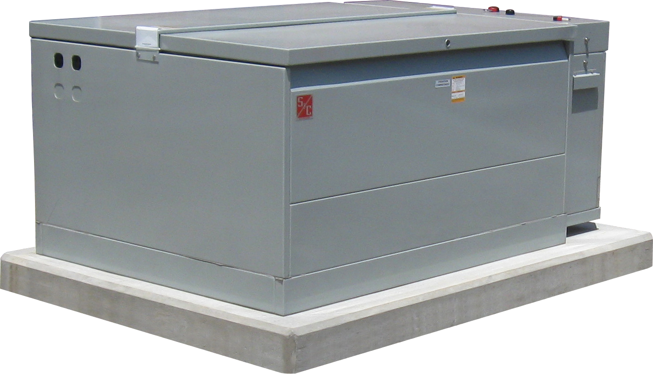 Corner view of a Remote-Supervisory Vista® Underground Distribution Switchgear unit. It is a muted gray-green color with a red S&C logo on its front. The unit is closed and sits neatly on a concrete pad.